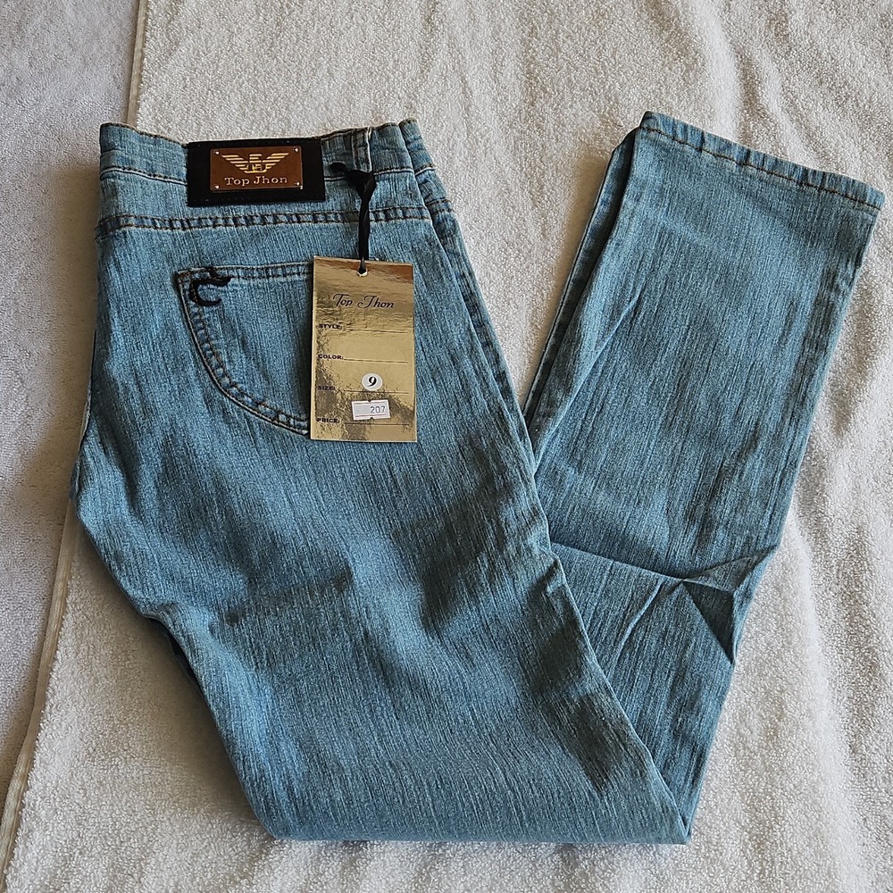 Top Jhon Blue Denim Straight Jeans woman Medium Wash 5-Pocket Button Embroidered